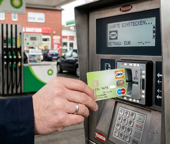 Tankkarten LKW 1 Fahrer bezahlt Diesel mit einer LKW-Tankkarte am Kartenterminal
