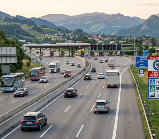 Tankkarten LKW 2 LKW auf europäischer Transitroute mit Grenzhinweis